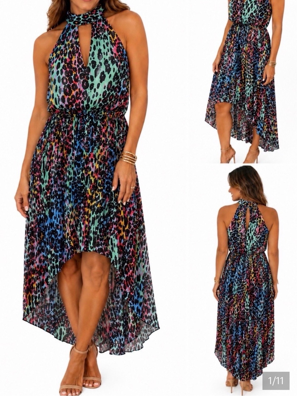 Thalia Sodi Teal, Blue & Pink Leopard-Print High-Low Halter Dress